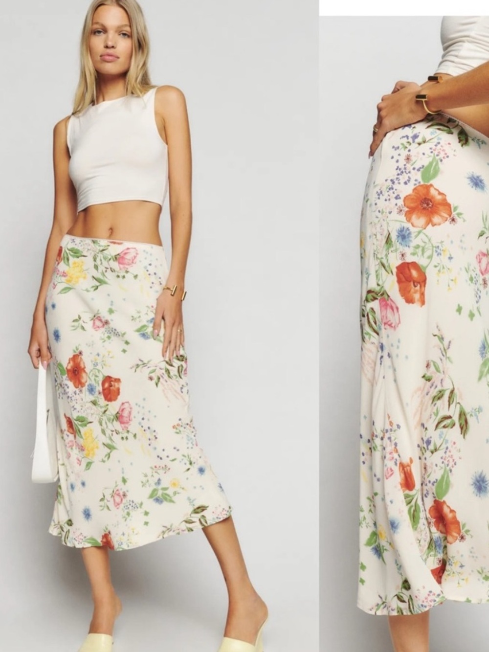 Reformation Layla Floral Print Midi Skirt Cream Size 8
